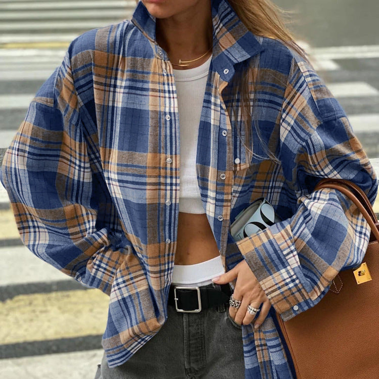 Women Wear Autumn Plaid Long Sleeved Shirt Women Casual All Matching Loose Plaid Shirt