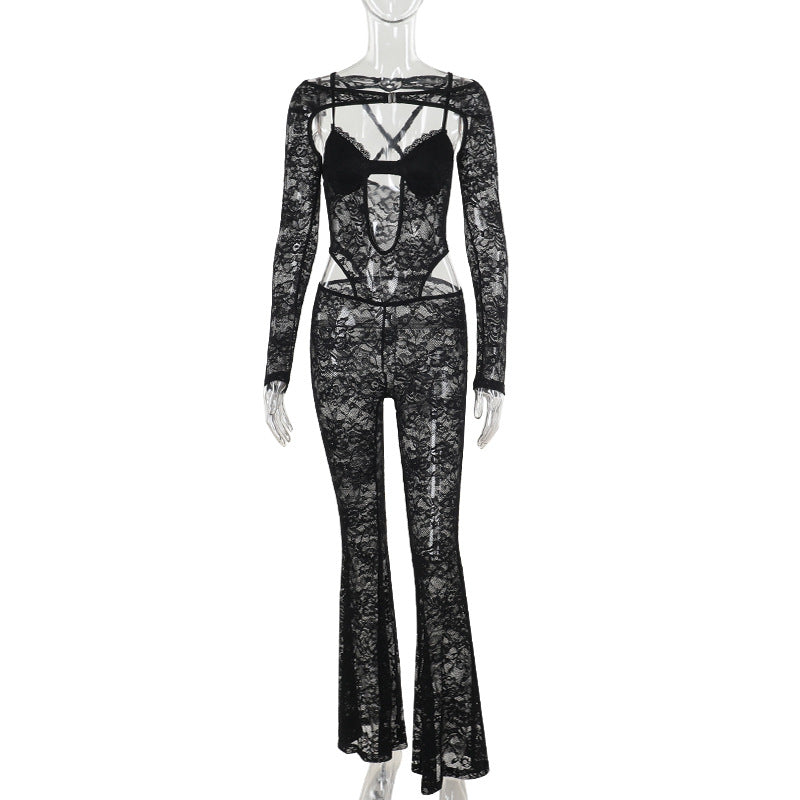 Autumn Elegant Sexy Slim Lace Long Sleeve Two Piece Jumpsuit for Women Black