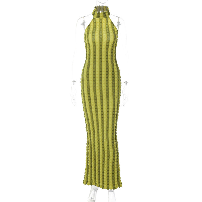 Women Clothing Spring Personalized Two Tone Popcorn Slim Fit Backless Sleeveless Dress Yellow