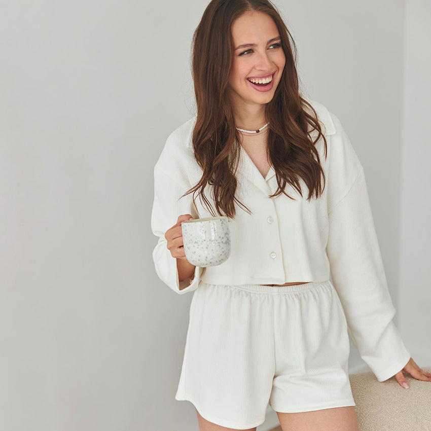 Autumn Knitted Cardigan Loose Simple Pajamas Women White Long Sleeve Shorts Home Wear White