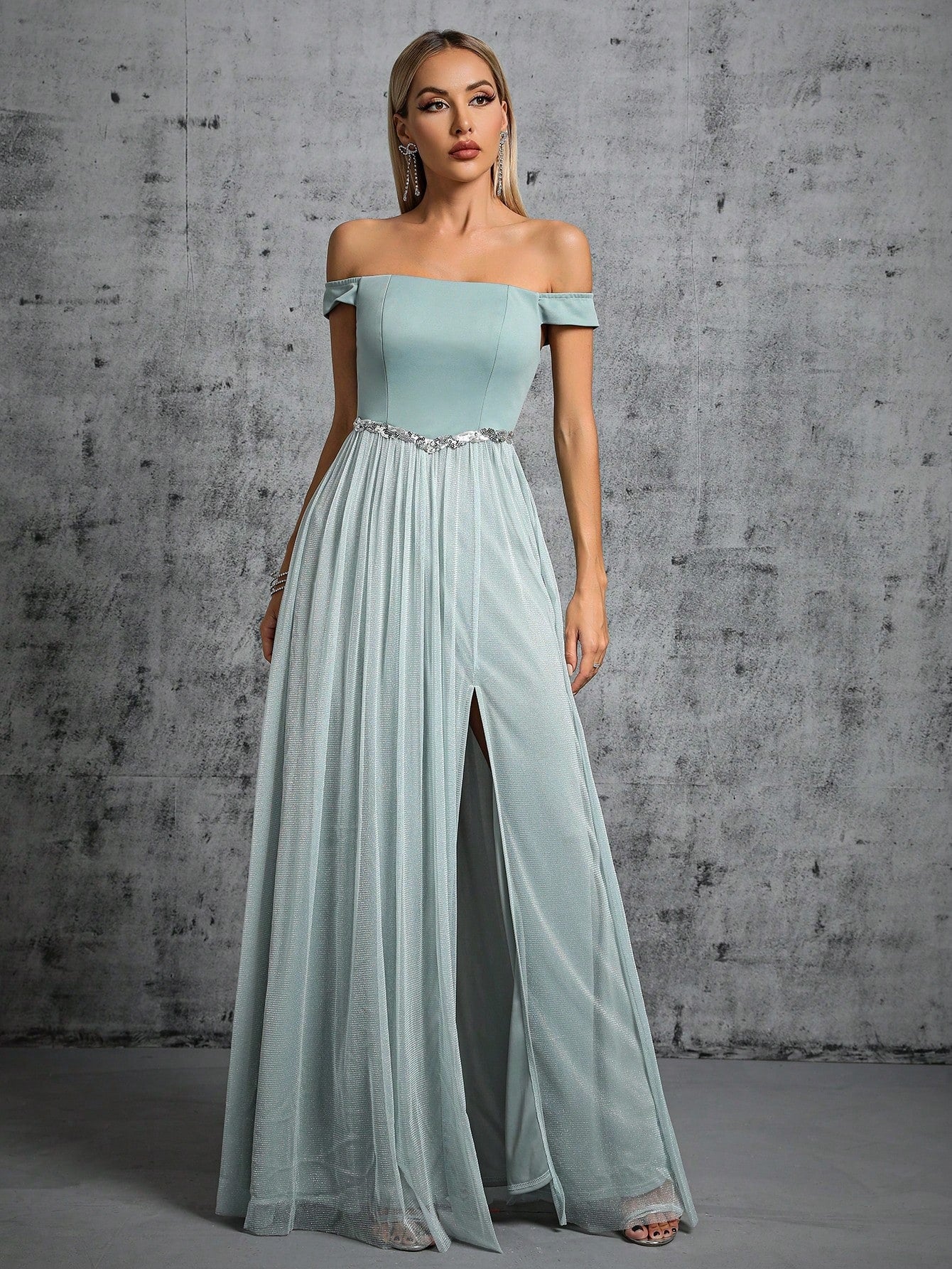 Off Shoulder Prom Evening Dress Slit Slim Fit Elegant Dress Adult Dress for Women Green