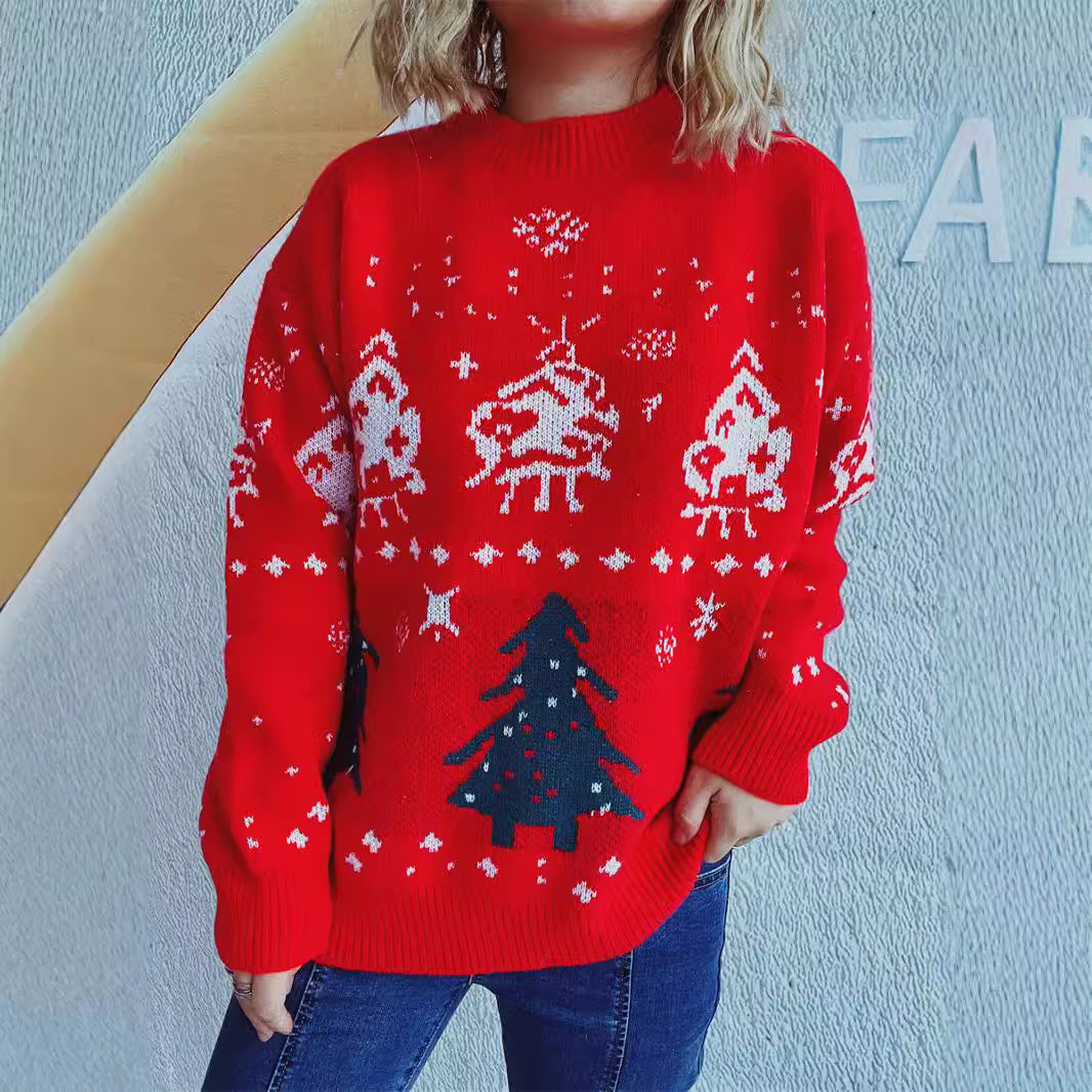 Autumn Winter Red Christmas Sweater round Neck Long Sleeve Elk Christmas Tree Five Color Jacquard Year Sweater Women Red Christmas Tree