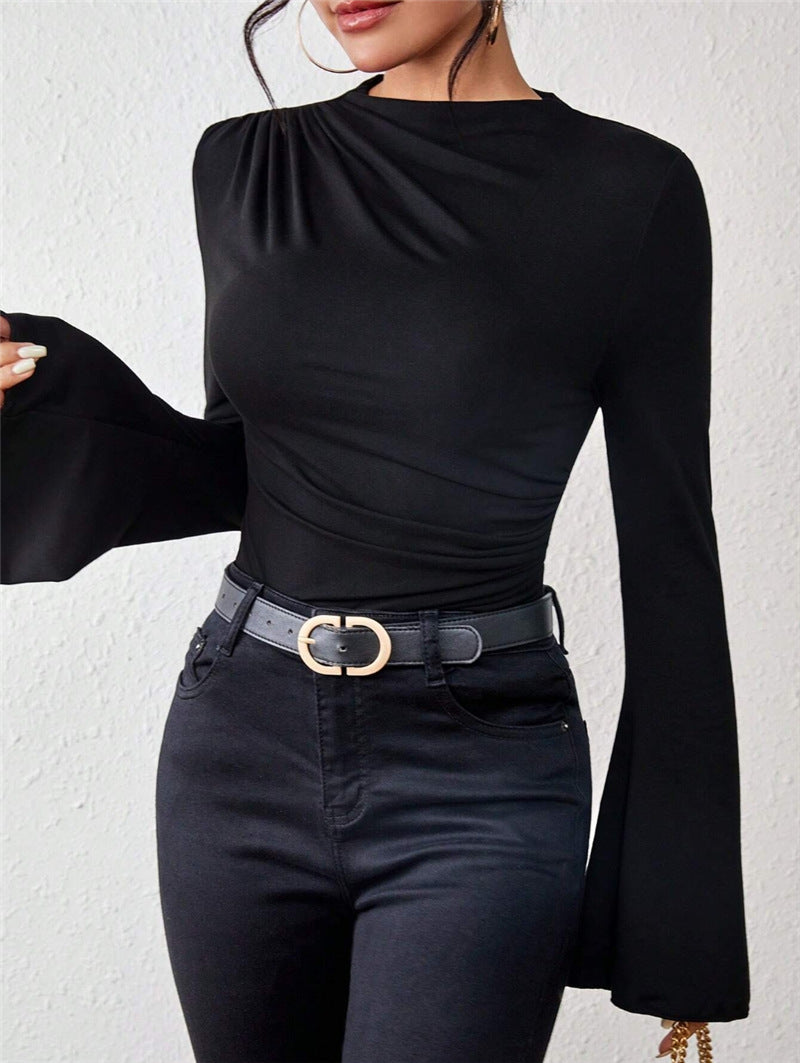 Autumn Winter Pleating Bell Sleeve Stand up Collar Slim Fit T shirt Black