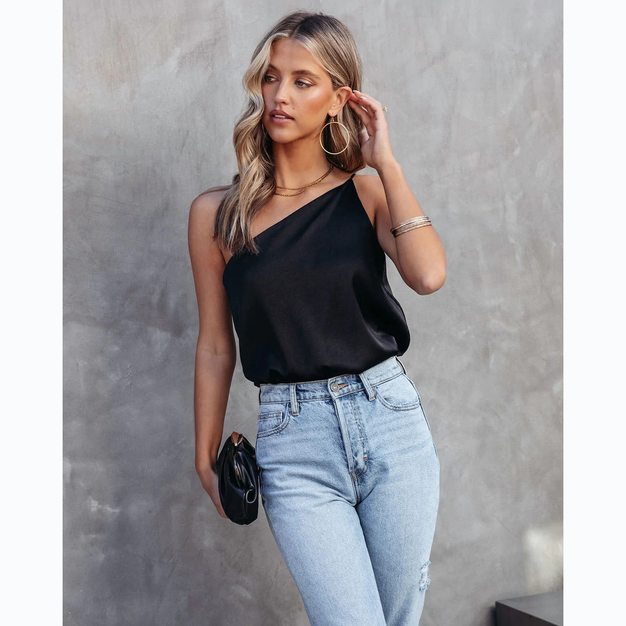 Sexy Trendy Solid Color One Shoulder Cold Shoulder Sling Top