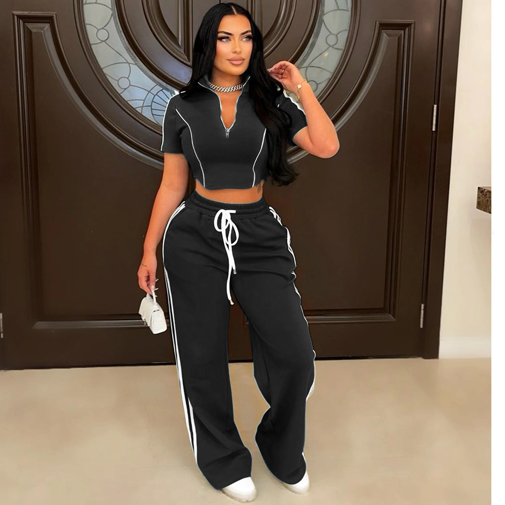 Casual Two Piece Set Women Zipper T shirt Shory Top with Loose Trousers