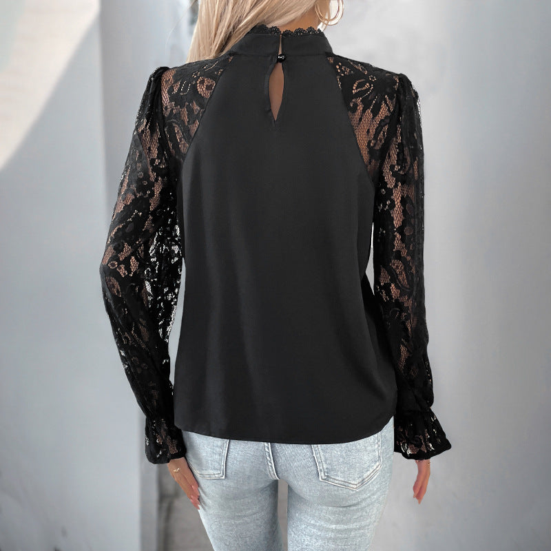 Women Top Office Lace Patchwork round Neck Long Sleeve Lace Pullover Shirt