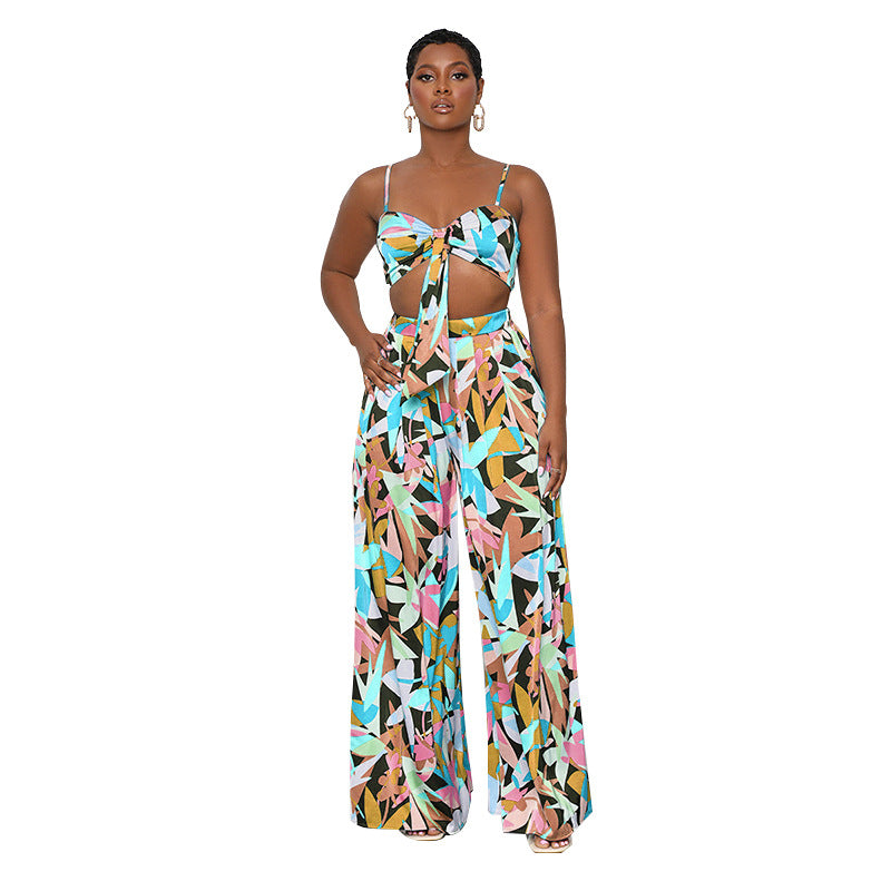 Summer Printed Sexy Strap Tube Top Cropped Women Clothing Casual Wide Leg Pants Suit Yellow