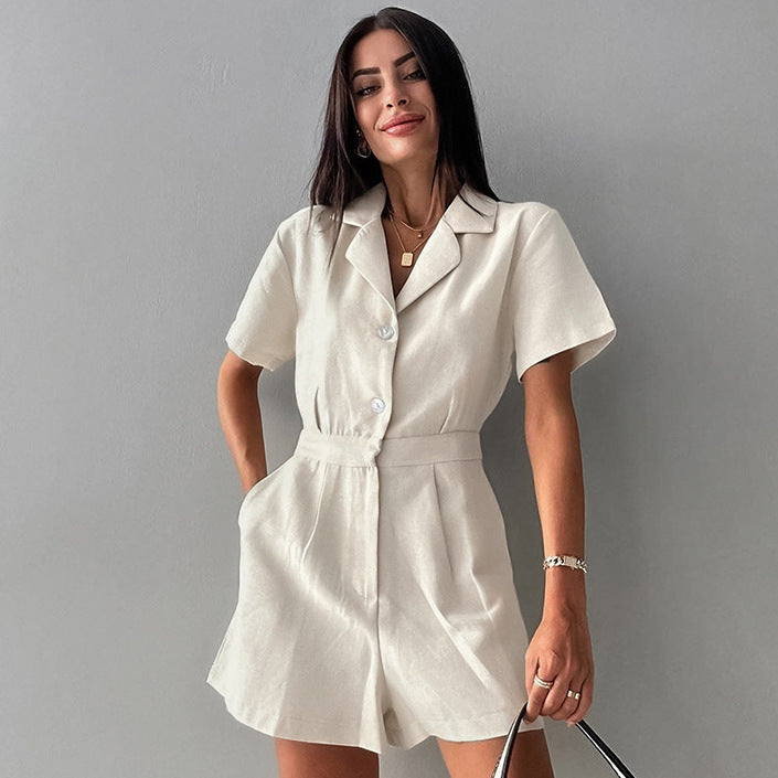 French Cotton Linen Suit Collar High Waist Casual Jumpsuit Women Clothing Khaki