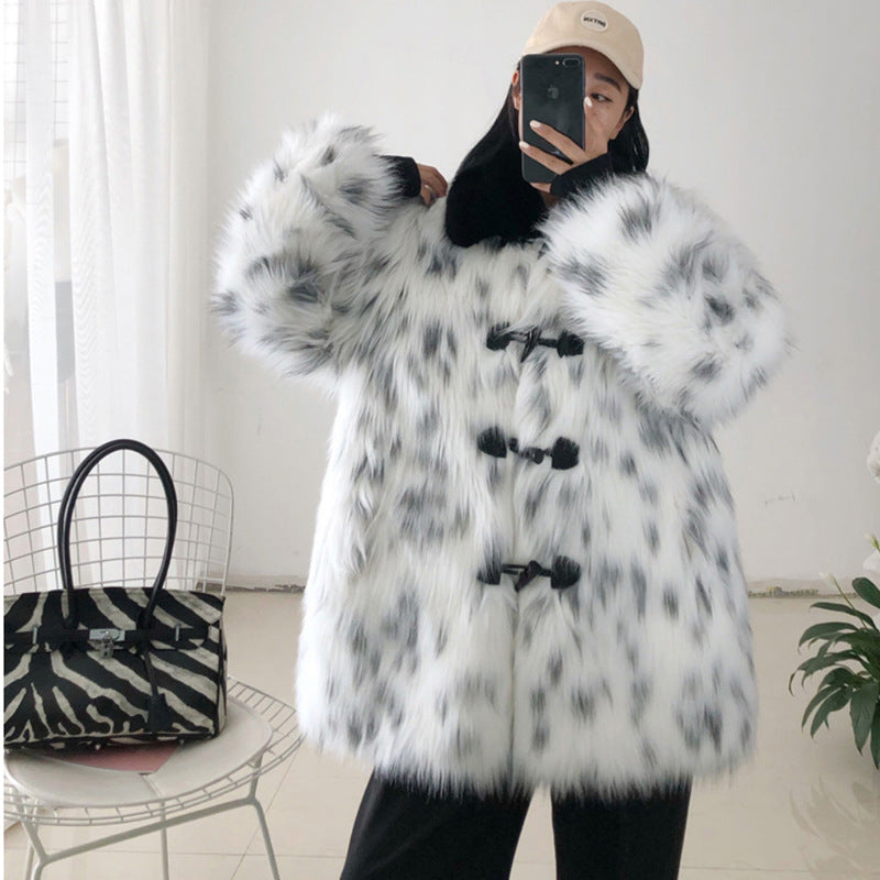 Autumn Winter Women Fur Coat Imitation Raccoon Fur Overcoat Mid Length Faux Fur Women Casual Trendy Warm Black and White Tigercat Colors