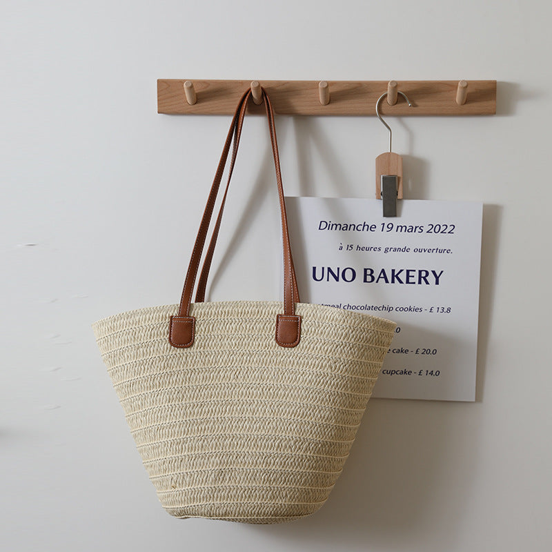 Simple Shoulder Straw Bag Large Capacity Straw Bag Woven Bag Tote Bag Women Seaside Vacation Beach Bag One Size Belt Paper Woven Beige