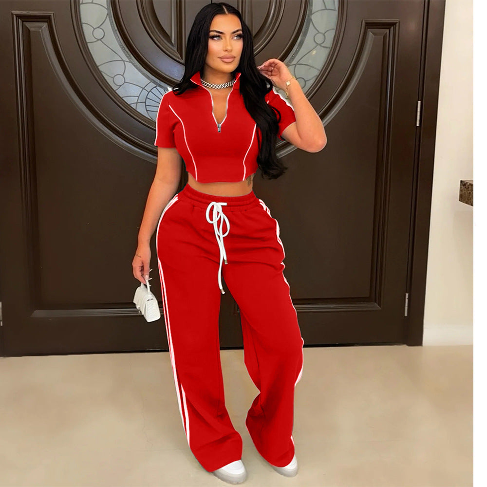 Casual Two Piece Set Women Zipper T shirt Shory Top with Loose Trousers Red