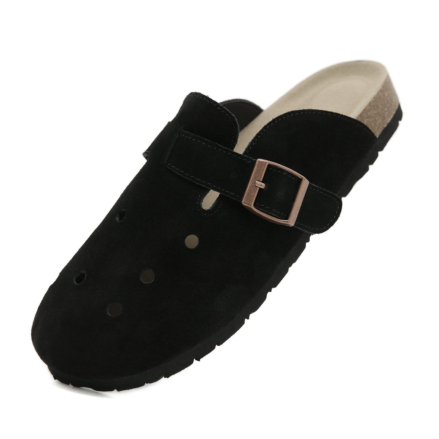 Genuine Leather Boken Half Slippers Closed Toe Cork Sole Shoes over plus Size Women Thick Bottom Boken Hole Ventilation Slippers Black