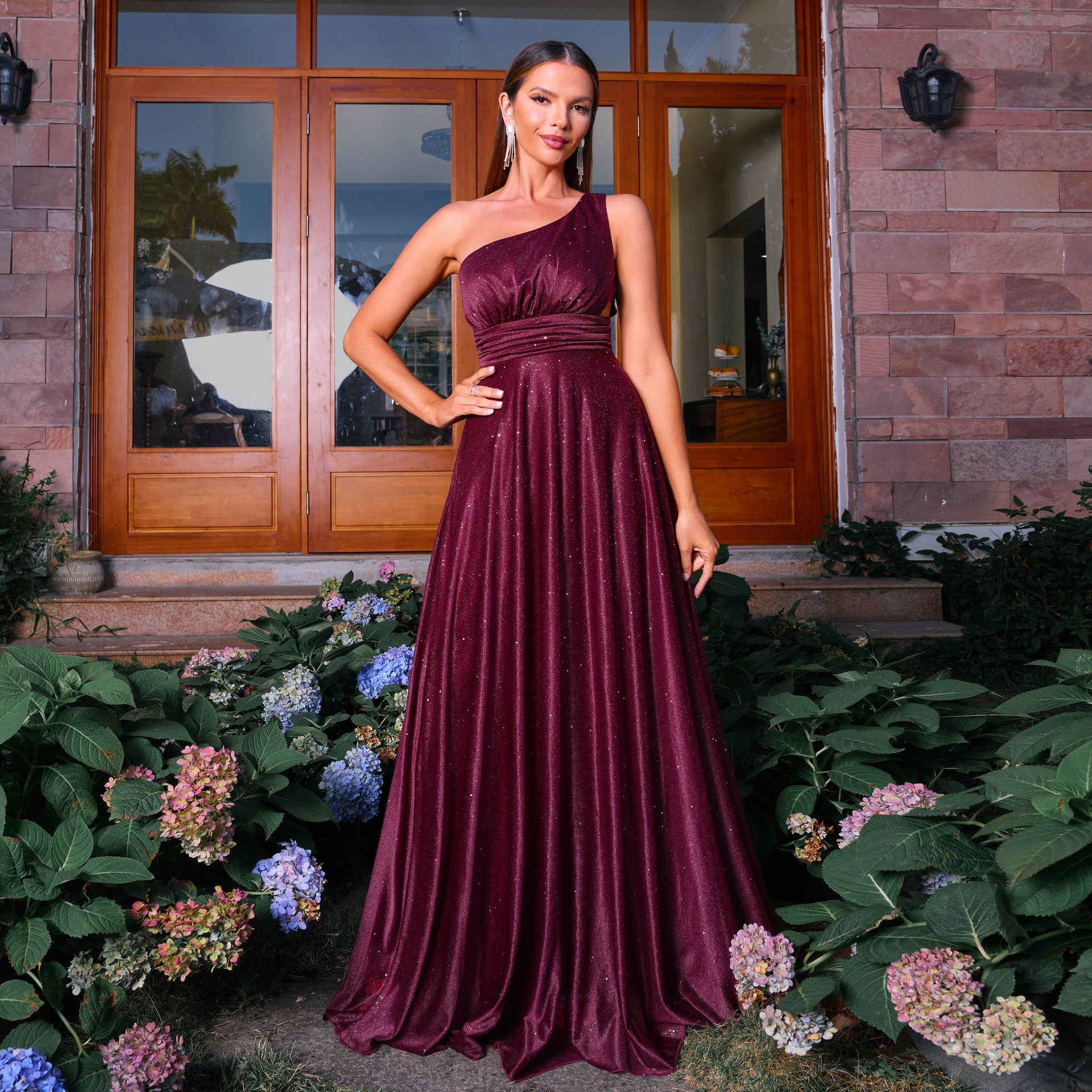 One Shoulder Sleeveless Elegant Diagonal Collar Waist Tight Beach Vacation Long Bohemian Large Swing Dress Burgundy