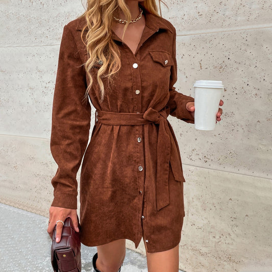 Autumn Winter Women Clothing Breasted Belt Loose Casual Corduroy Long Sleeve Shirt Dress