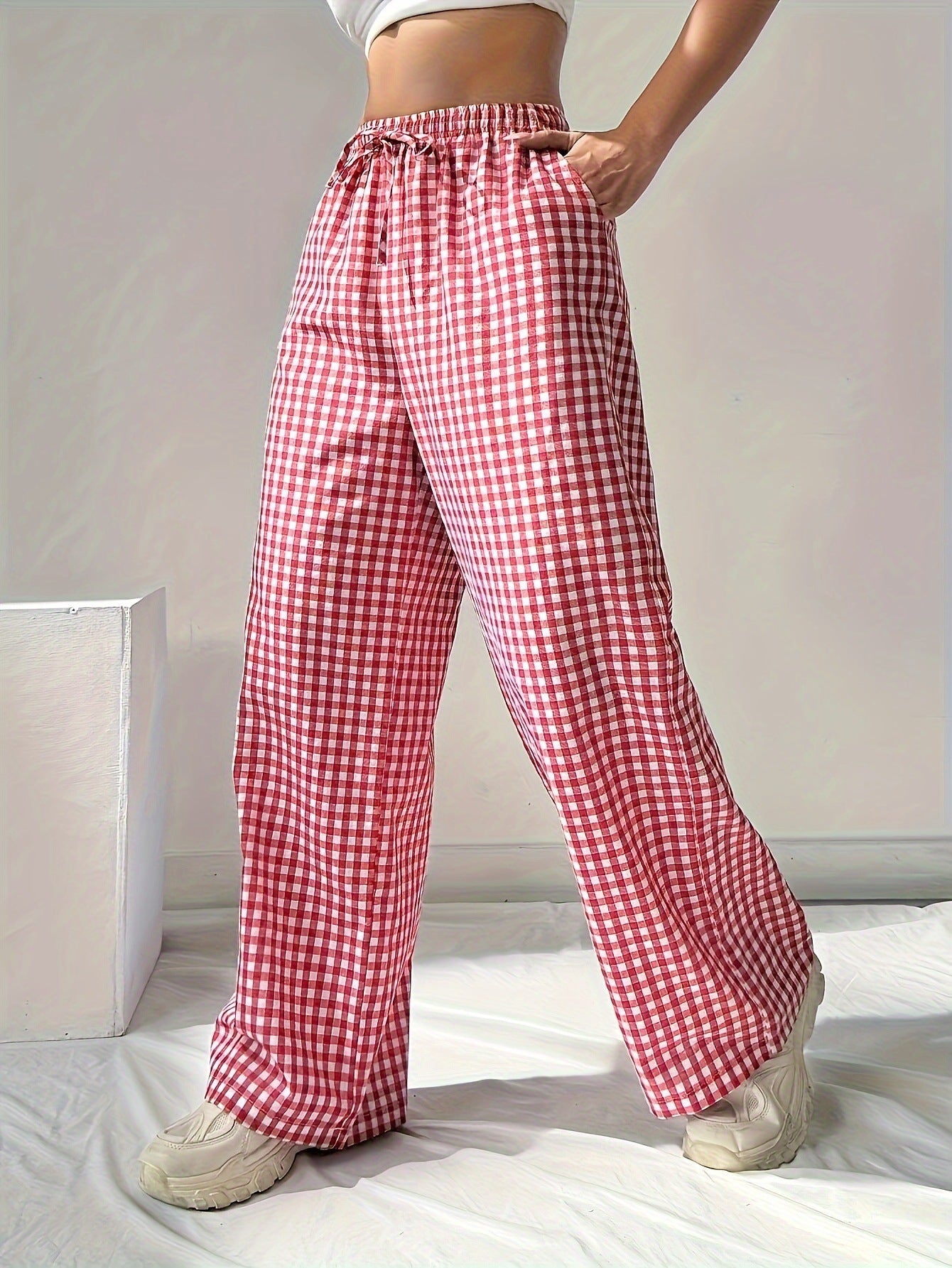 Women Spring Autumn Loose Fitting Pink Plaid Drawstring Casual Wide Leg Pants watermelon red