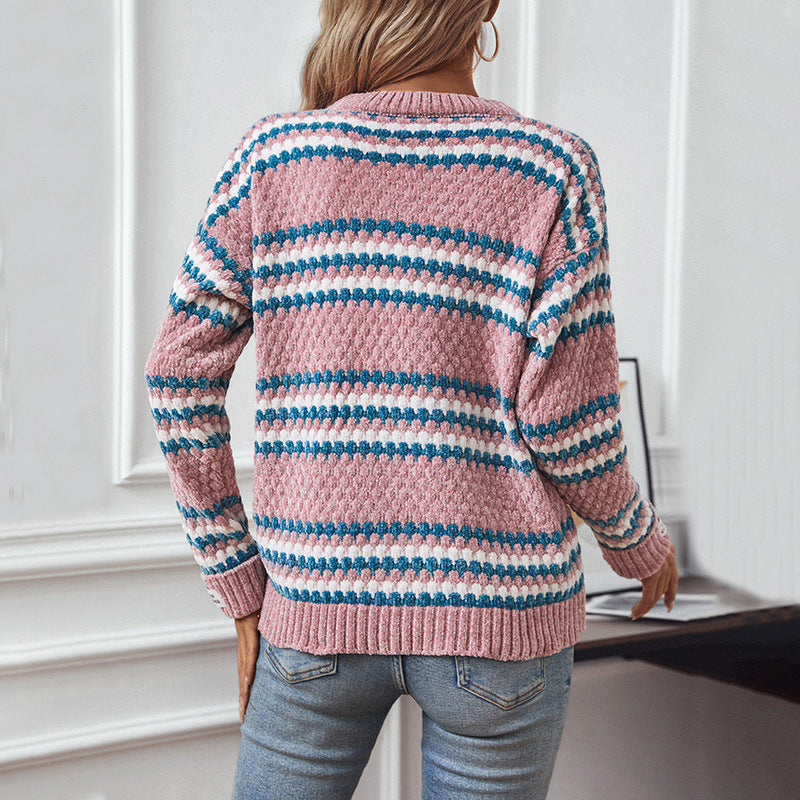 Wool Rain Contrast Color Striped round Neck Pullover Top Chenille Sweater Women Loose Soft Glutinous Sweater