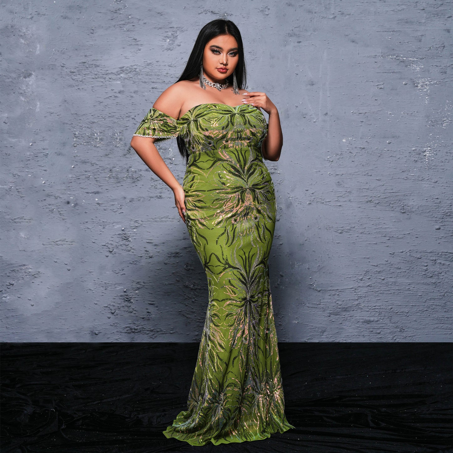 Plus Size Women Long Off Neck Cocktail Sexy Sequined Evening Dress Dress Green