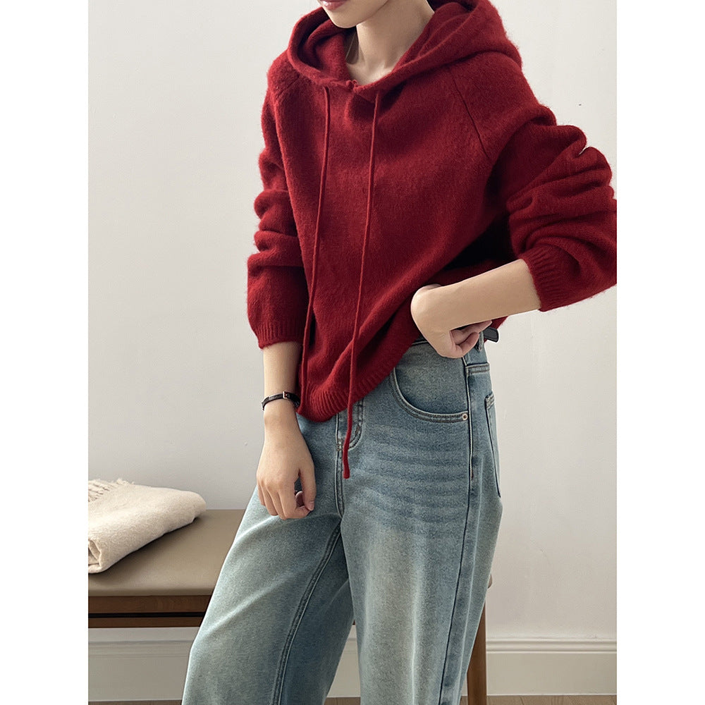 Simple Hooded Drawstring Sweater for Women Autumn Winter Casual Loose Knitted Top