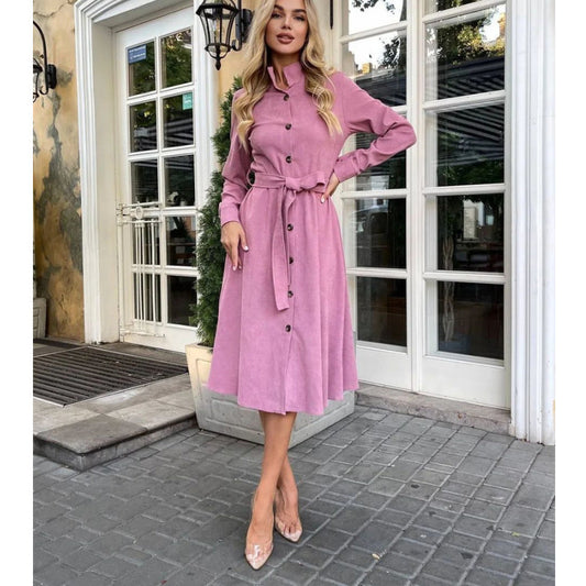 Autumn Winter Women Clothing Solid Color Tied Button Shirt Dress