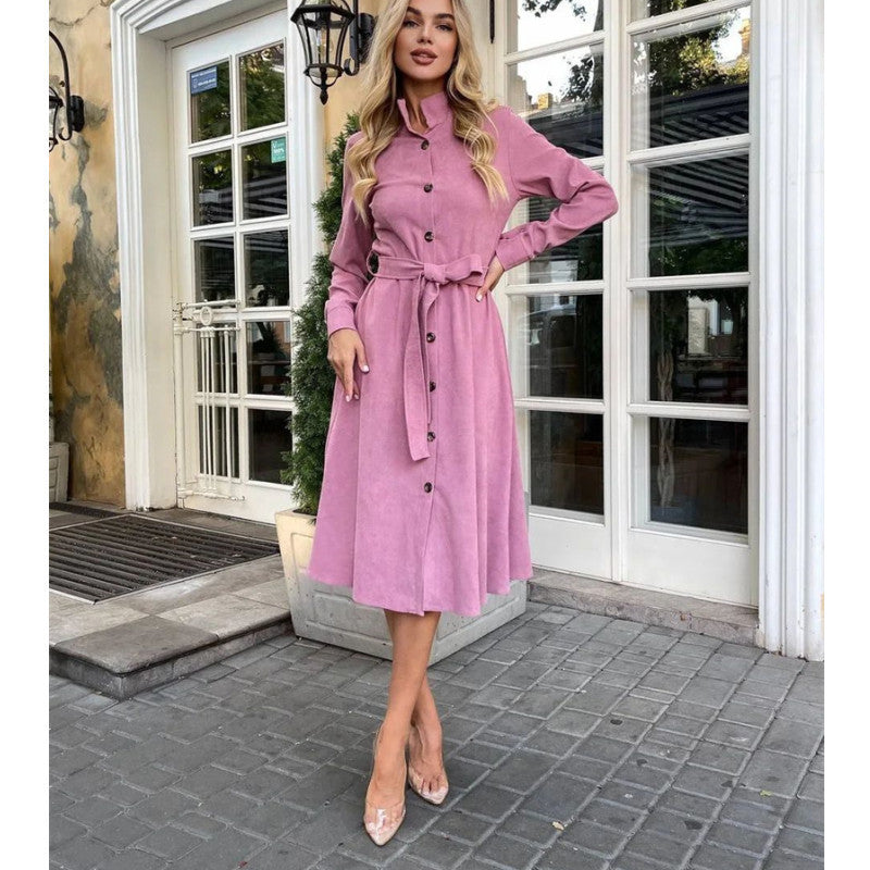 Autumn Winter Women Clothing Solid Color Tied Button Shirt Dress Pink