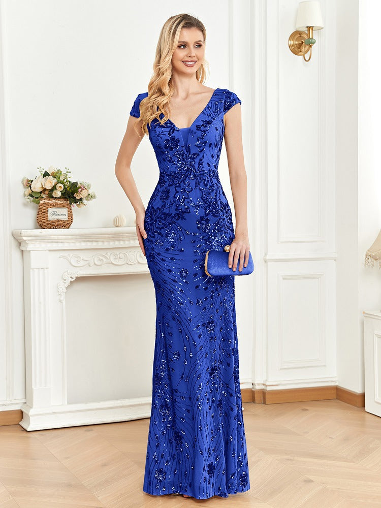 Sequined Champagne Evening Dress Women Cocktail Sexy Slim Fit Fishtail Long Toast Dress royal blue