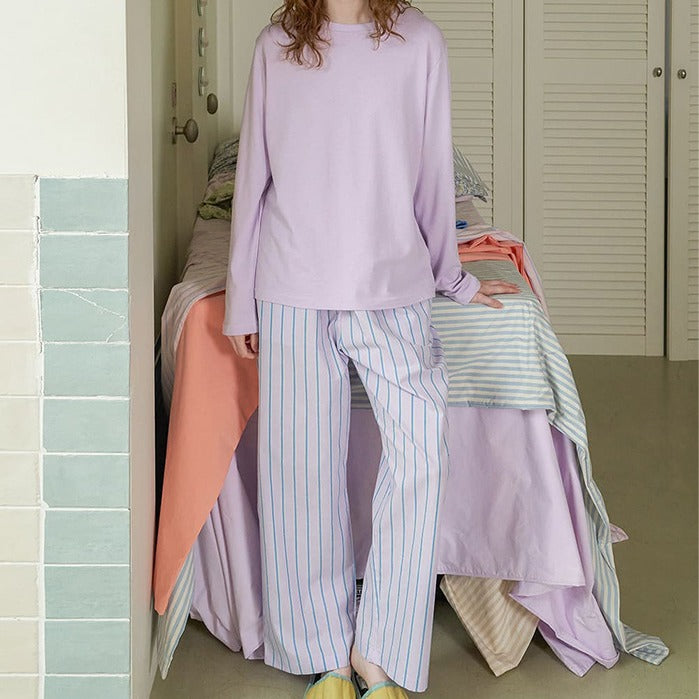 Idle Cotton Home Wear Women Pajamas Two Piece Set round Neck Long Sleeve Top Striped Trousers Suit Can Be Worn outside