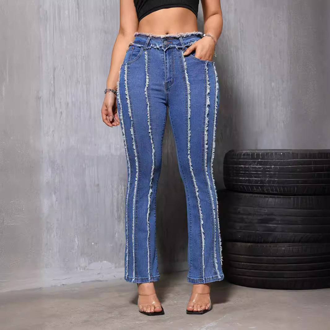 Women Denim Slightly Flared Jeans Stereo Burrs Tassels Thin Summer