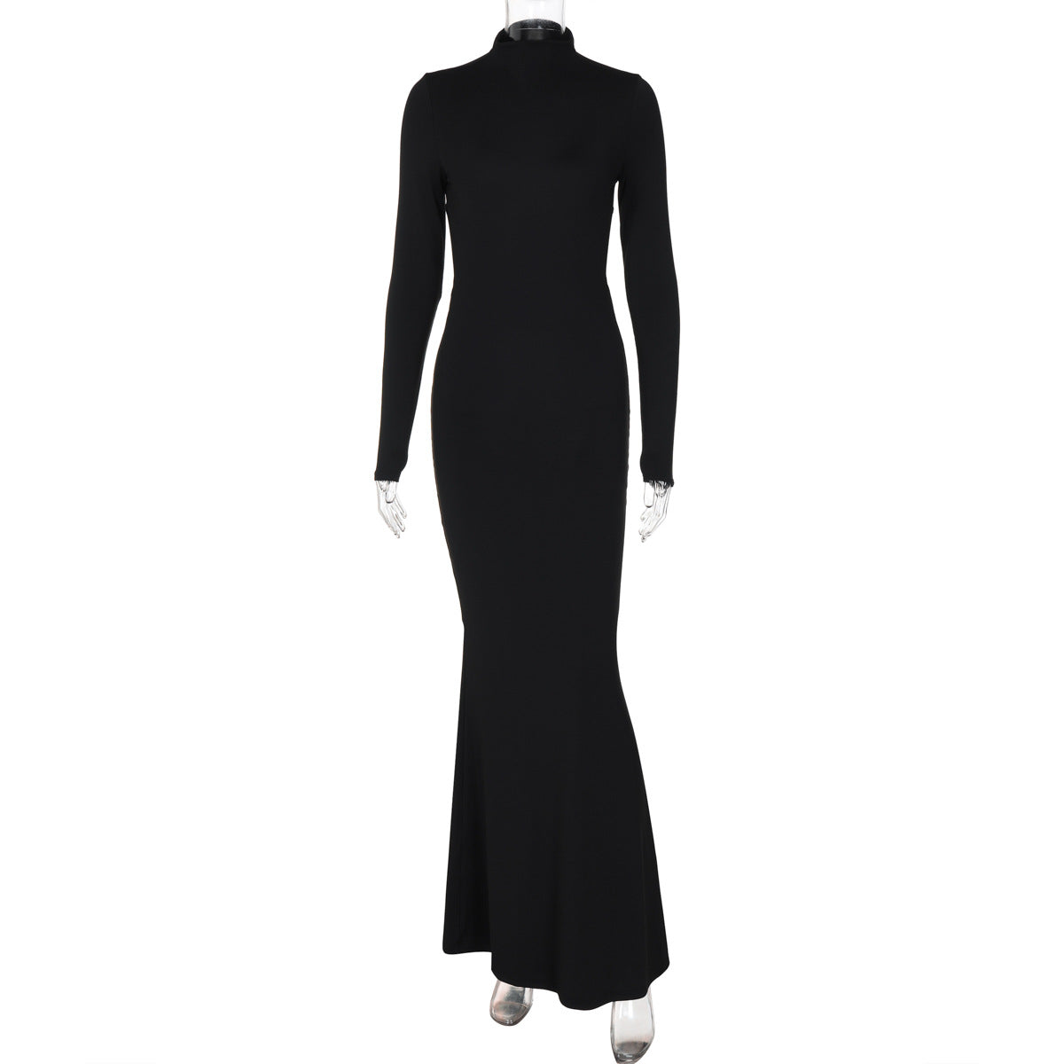 Women Autumn Solid Color Half Collar Long Sleeve Sexy Personalized Bare Back Maxi Dress Black