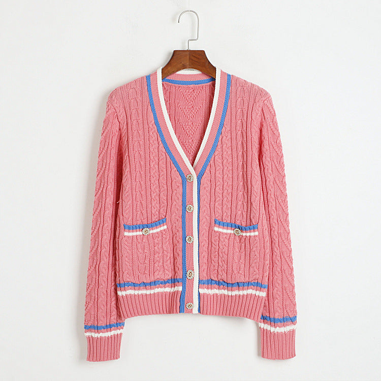 Sweater Pink Blue Stitching Double Pocket Decoration V neck Single Breasted Knitted Cardigan Pink