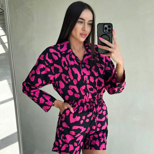 Summer Women Cardigan Printed Shirt Shorts Ice Silk Home Wear Artificial Silk Slim Pajamas