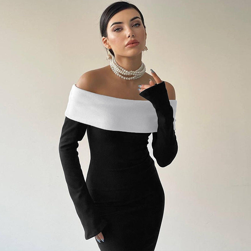 Women Clothing Autumn Winter Contrast Color off Shoulder Long Sleeve Waist Slimming Maxi Dress