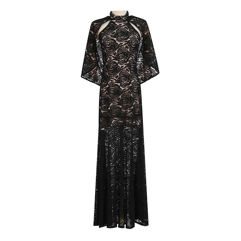 Graceful Fashionable Elegant Dress Autumn Winter Light Luxury Embroidered Chic Transparent Shawl Dress for Women Black