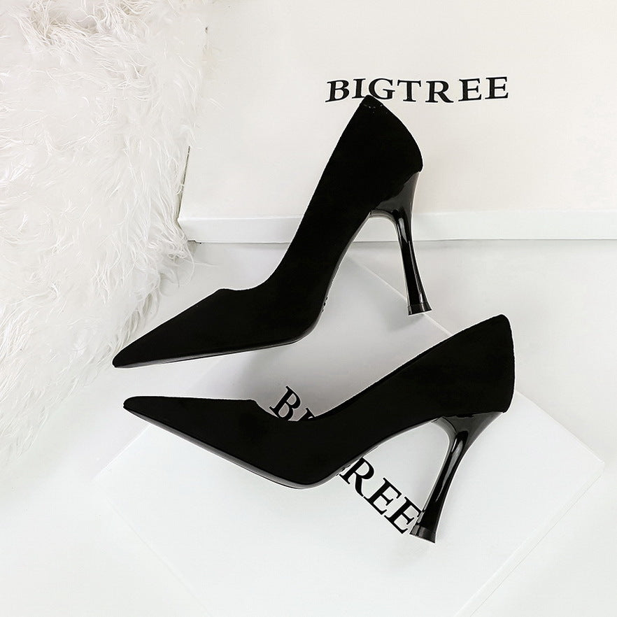 Simple Thin Cocktail High Heels Wine Glass Heel Super High Heel Suede Shallow Mouth Pointed Toe Women Shoes Black 10cm