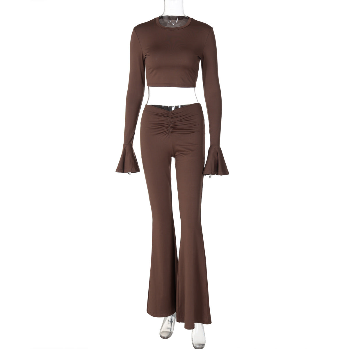 Autumn Winter Solid Color Ruffles Long Sleeve Pleated Slim Trousers Sets Coffee