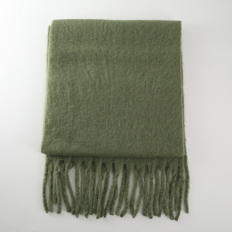 Winter Mohair Cashmere like Solid Color Scarf Lengthen Thicken Thick Tassel Autumn Winter Warm Scarf One Size Army Green