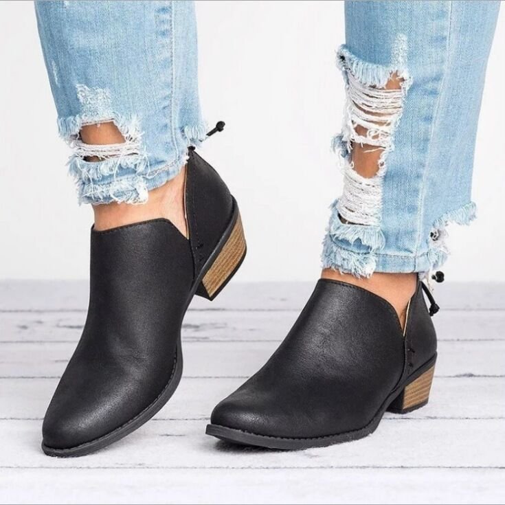 Plus Size Thick Heel Thin Ankle Boots Women Solid Color Pointed Toe Back Zipper Low Heel Shoes