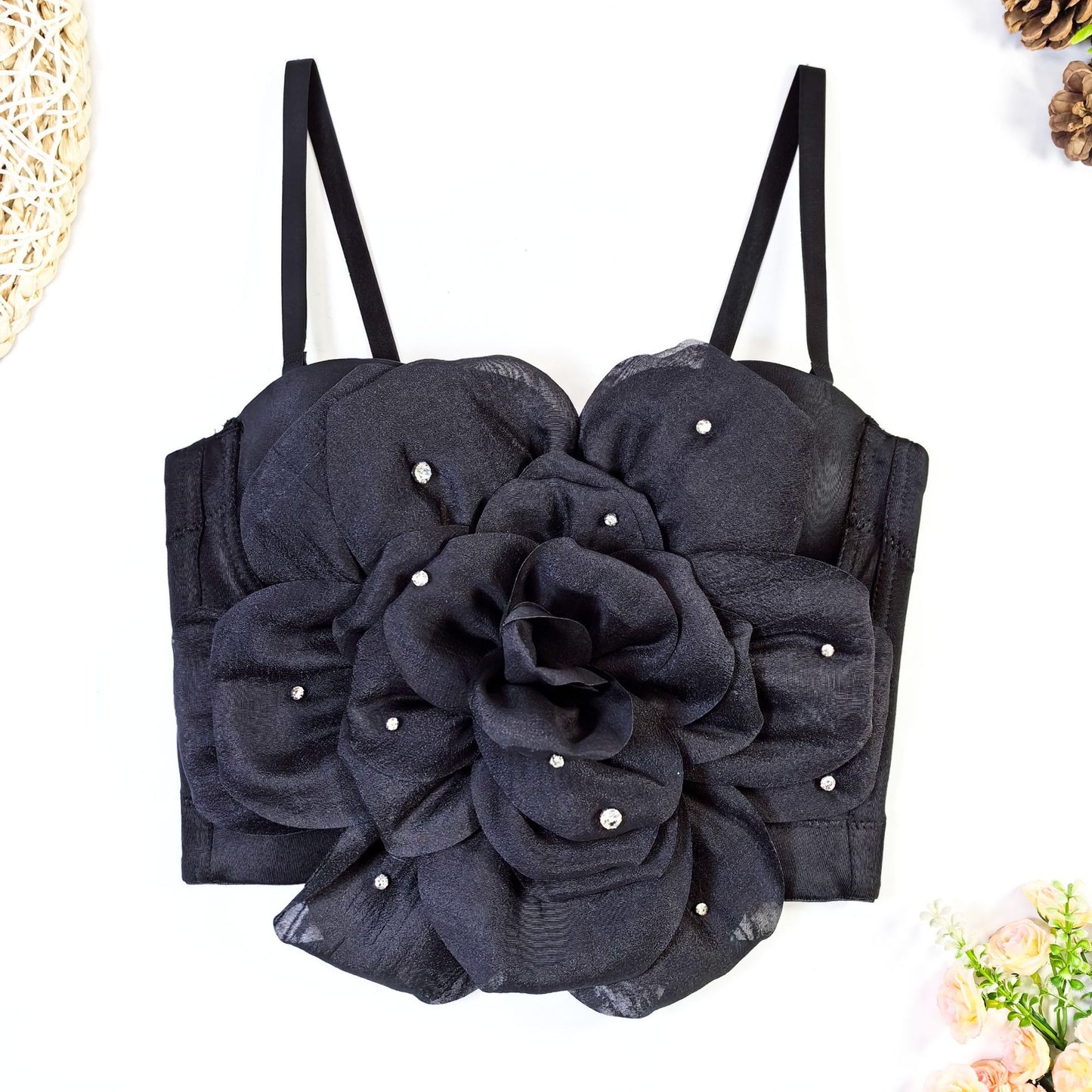 Tube Top Outer Wear Beauty Back Fixed Cup with Braces Breast Pad Large Floral Pearl Boning Corset Bra Black