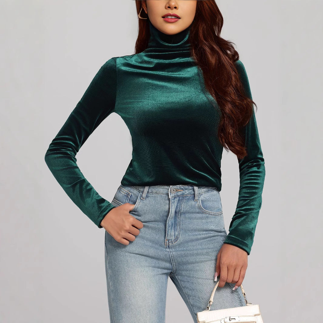 Autumn Gold Velvet Slim Fit Slimming High Collar Bottoming Shirt Women All Matching Outer Wear T shirt