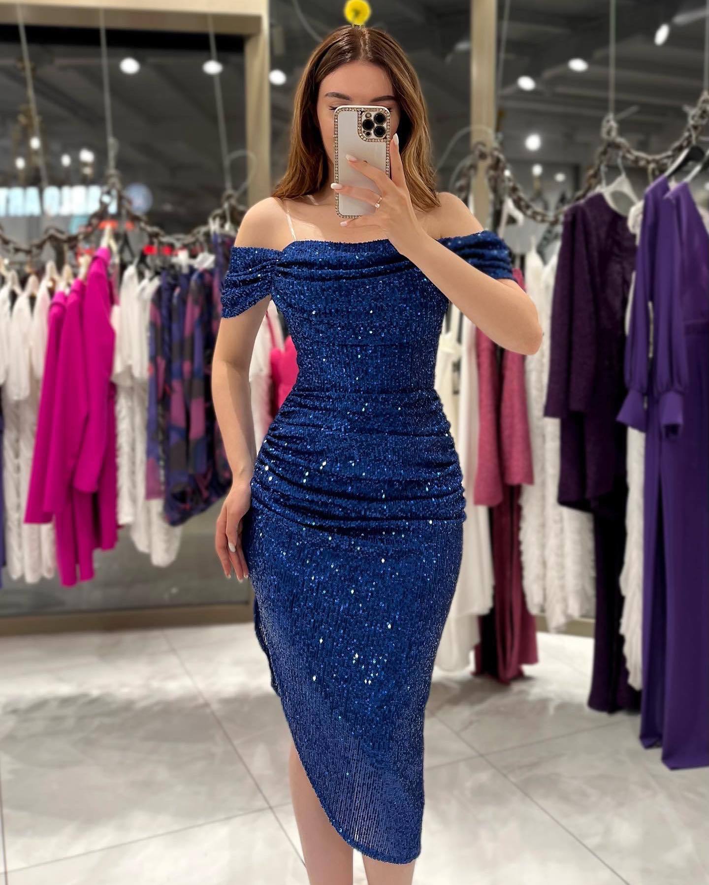 Off Shoulder Sheath Sexy Slit Dress Autumn Winter Blue