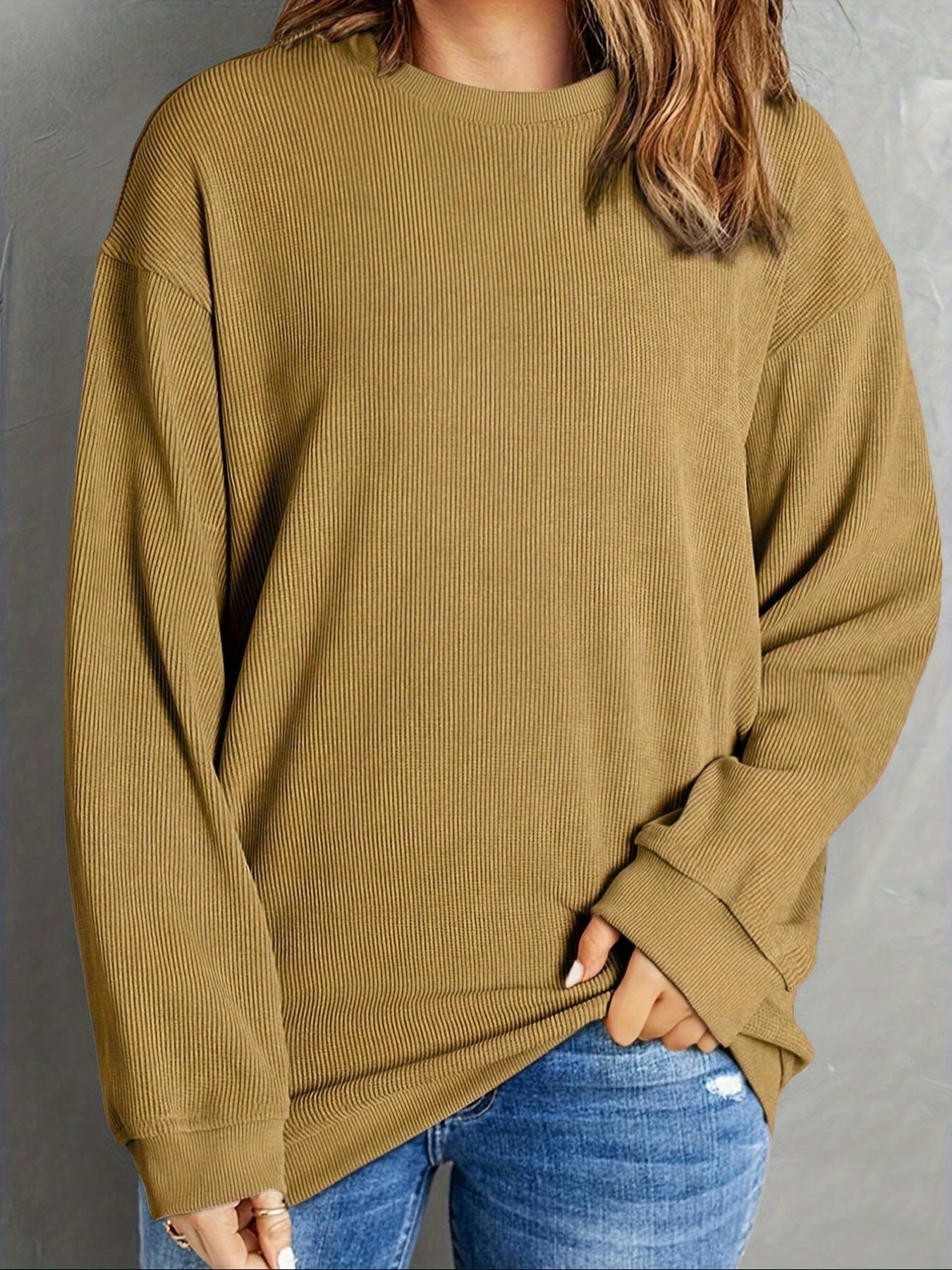 Autumn Winter Women Solid Color round Neck Warm Long Sleeve Women Top Khaki