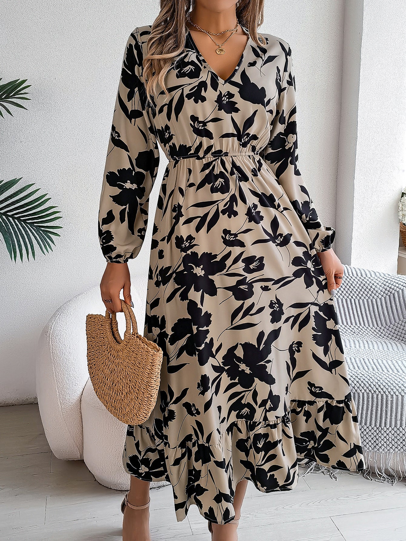 Real Shot Autumn Winter Casual Floral Waist Controlled Long Sleeves Ruffled Dress Women Clothing Khaki