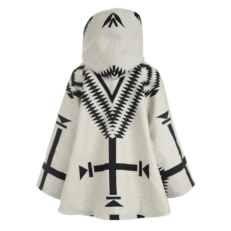 Spring Women Clothing Long Sleeve Hooded Jacket Printed Woolen Coat