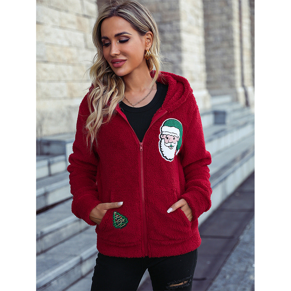 Autumn Winter Women Wear Hooded Long Sleeve Zipper Loose Plush Christmas Casual Jacket