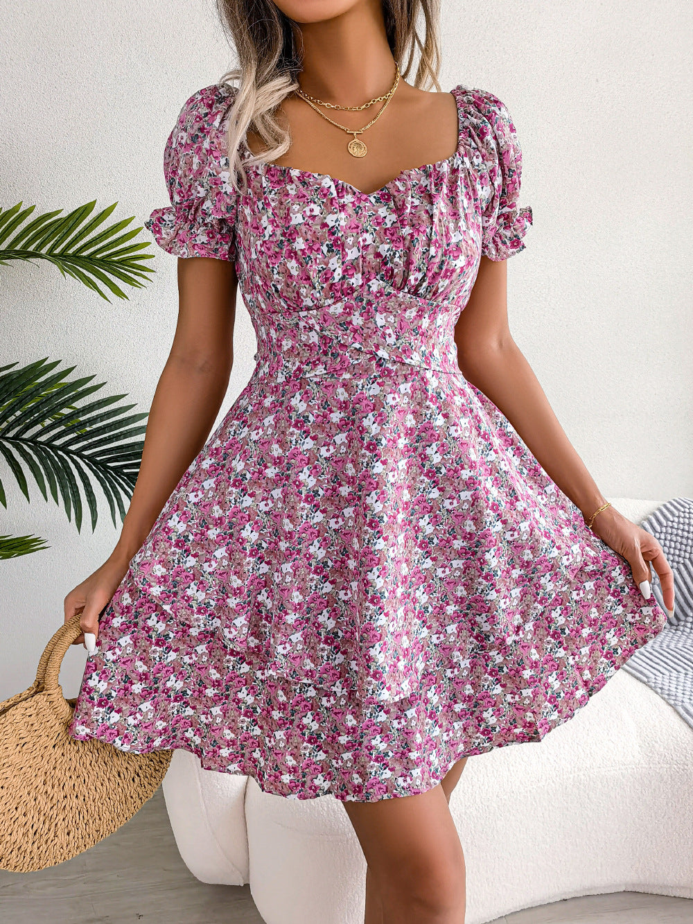 Spring Summer Elegant Floral Lace-up Waist-Controlled Large Hem Dress Women Clothing