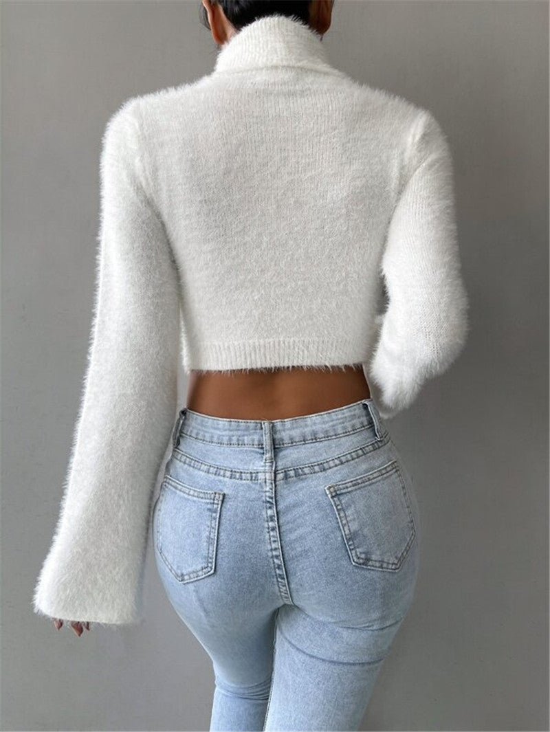 Autumn Winter High Neck Short Exposed Cropped Plush Sweater