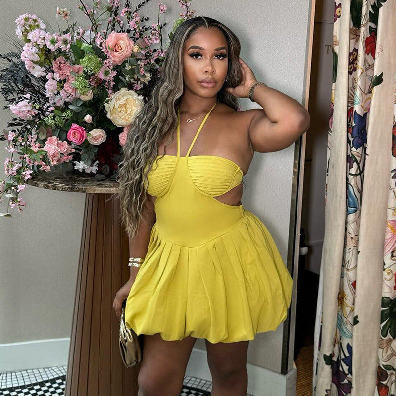 Women Clothing Autumn Sweet Fresh Halter Tube Top Backless High Waist Short Dress Puffy dress Yellow