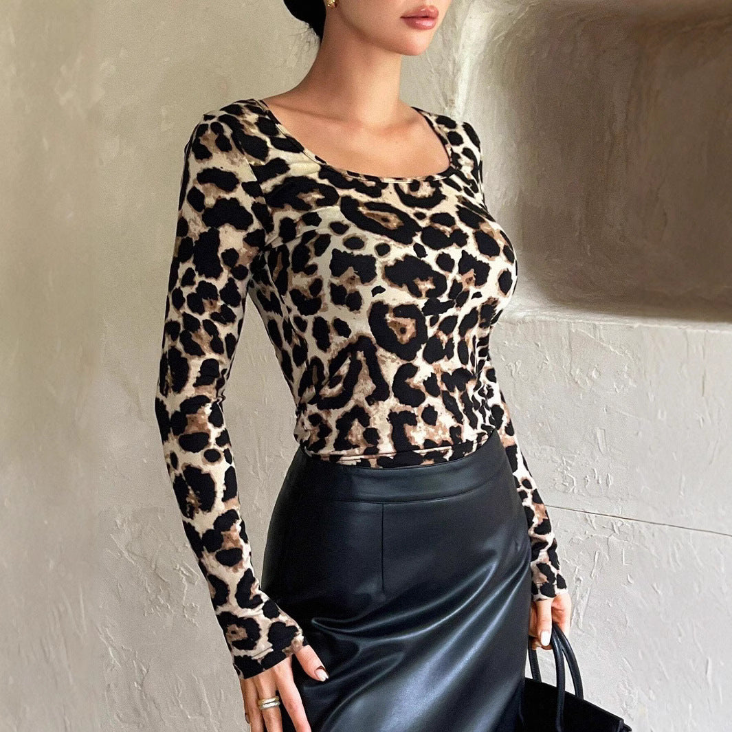 Spring Women Leopard Print Scoop Slim Fit Long Sleeved T shirt Top Women