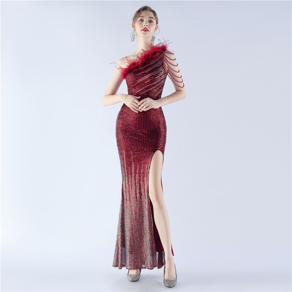 Gradient Sequin Craft Beaded Ostrich Feather Diagonal Collar One Shoulder Long Evening Dress