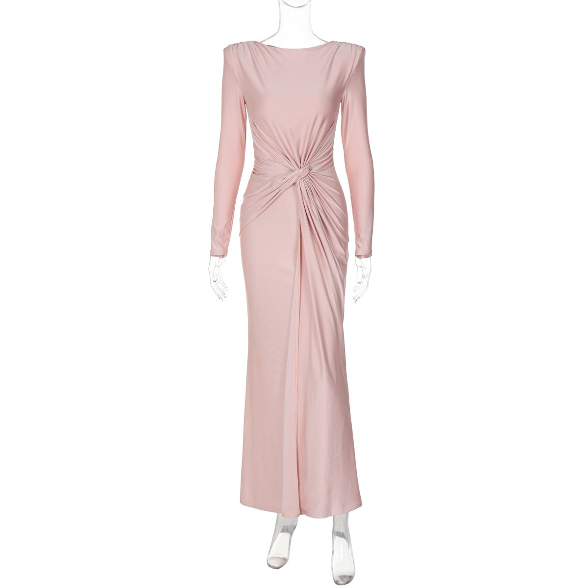 Women Evening Dress Autumn Slim Fit Round Neck Long Sleeves Dress Pink