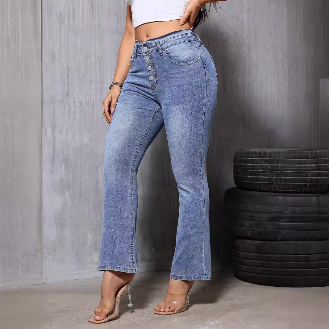 Summer High Waist Bootcut Jeans Women Fashionable Stretch Slim Fit Straight Speaker Trousers